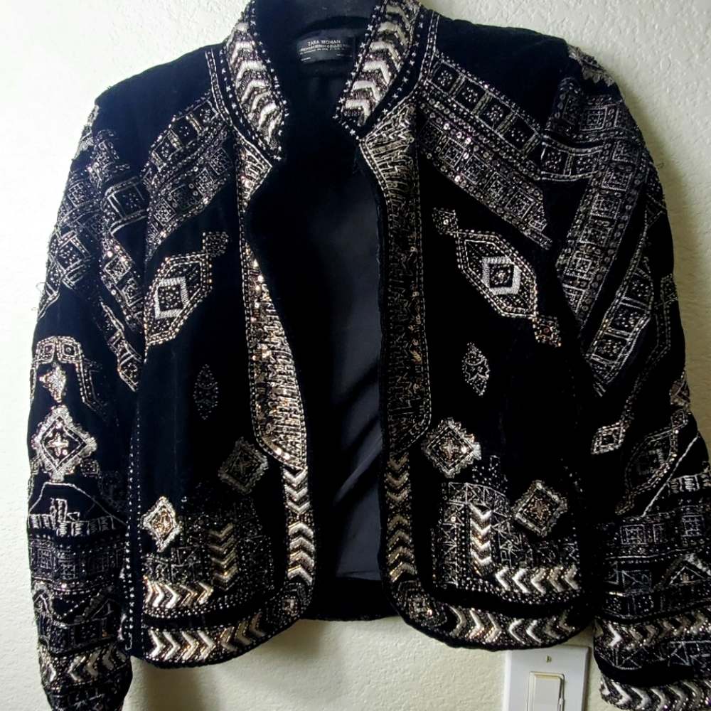 Zara Metallic Beaded Velvet Jacket Size Small
